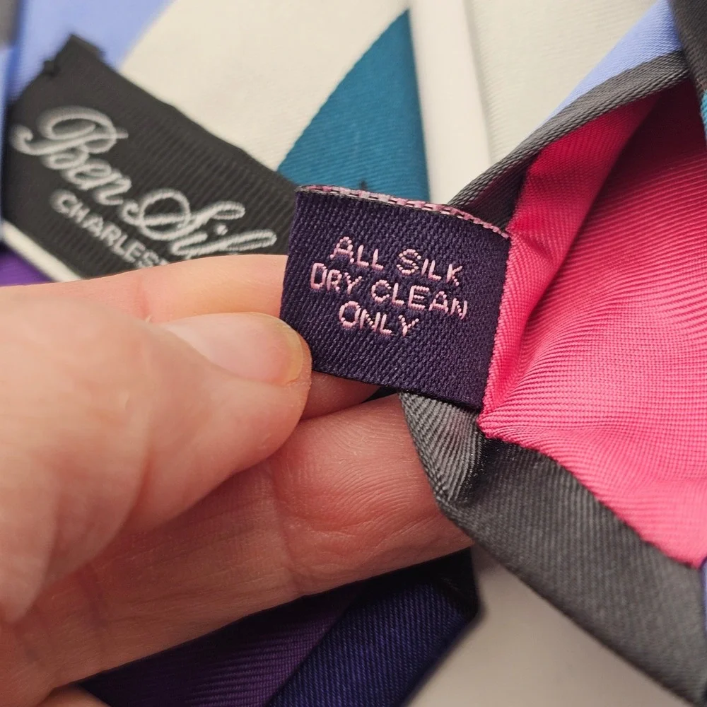Ben Silver Silk Tie Blue Teal Grey Striped Preppy Ivy‎ League Handmade England